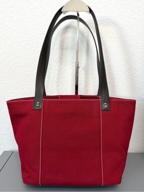 Banana Republic Red Canvas and Brown Leather Tote Shoulder Bag